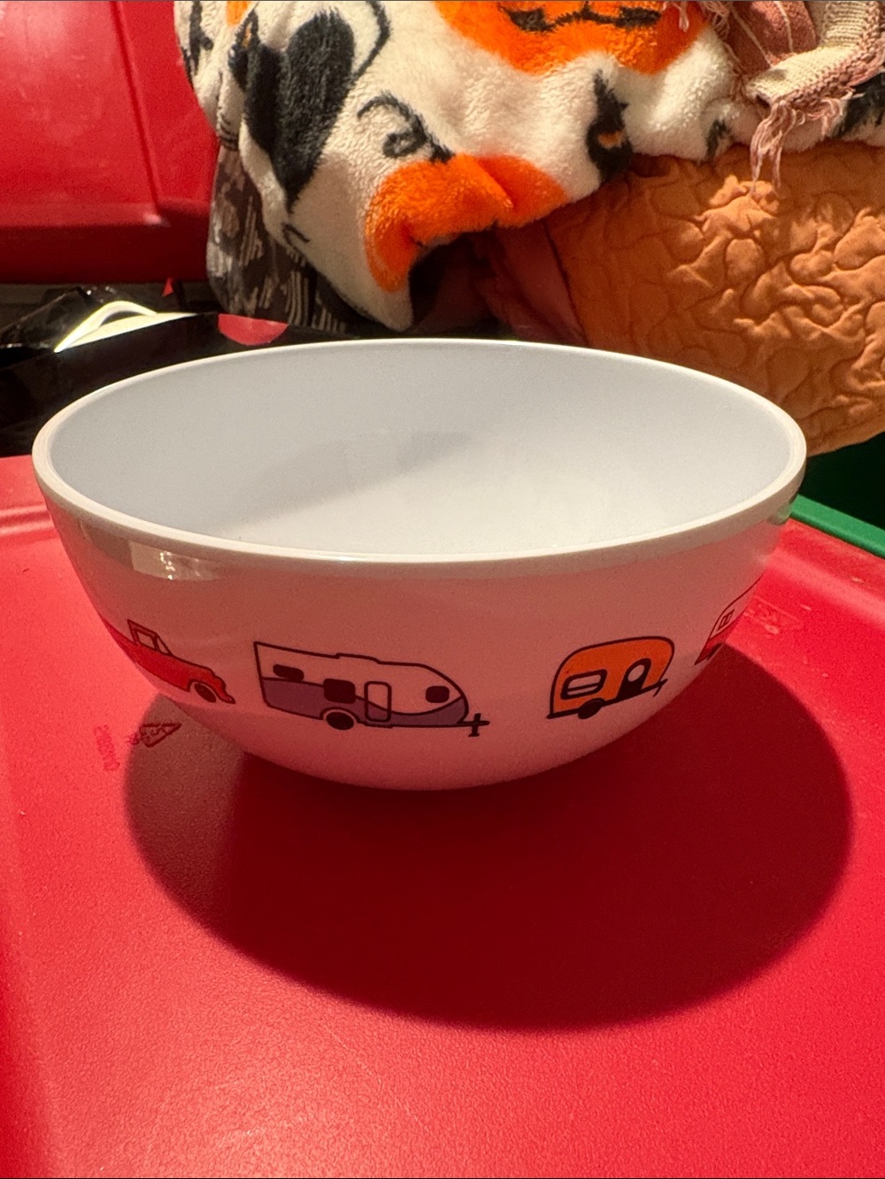 White Ceramic Serving Bowl with Orange and Black Camper Print